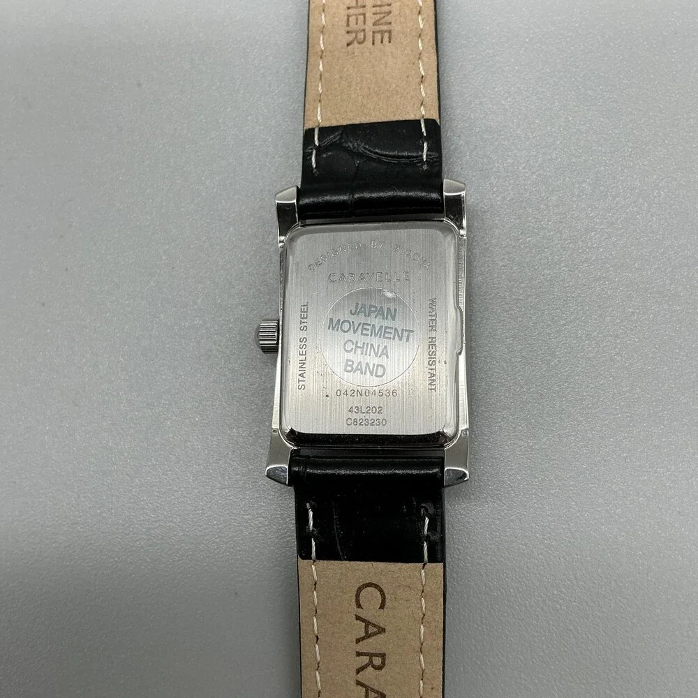 Caravelle Womens Watch 21mm Silver Tone Black Leather Band 43L202 New Battery